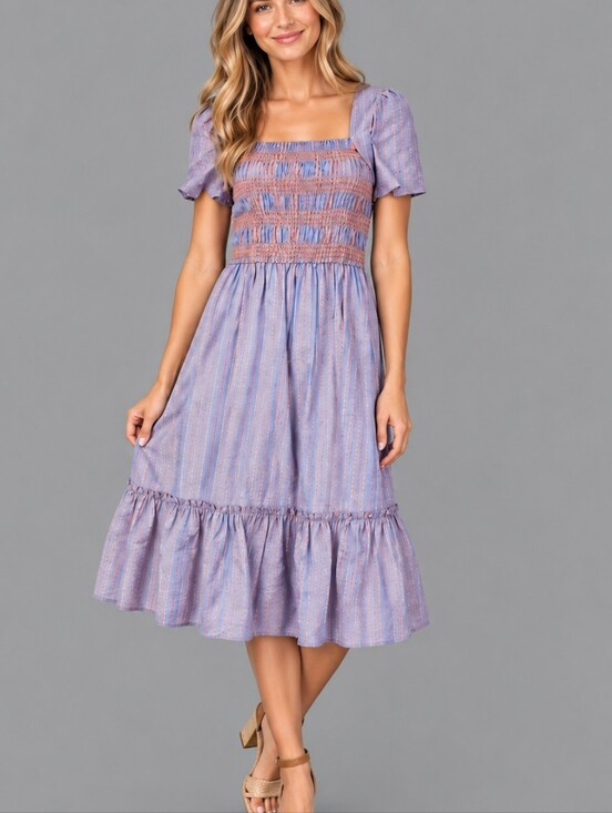 Tahari ASL Dresses & Skirts - TAHARI Cotton Striped Smocked Ruffle Seersucker Midi Doll Dress